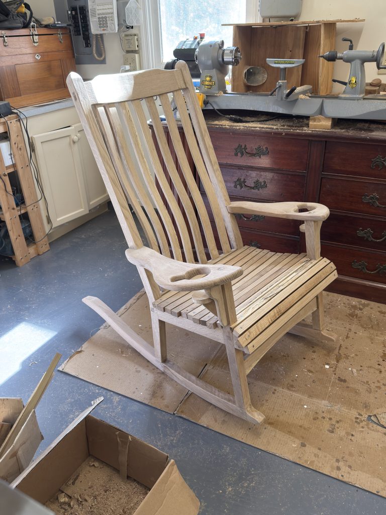 Raw white oak rocker in progress, seat not yet trimmed