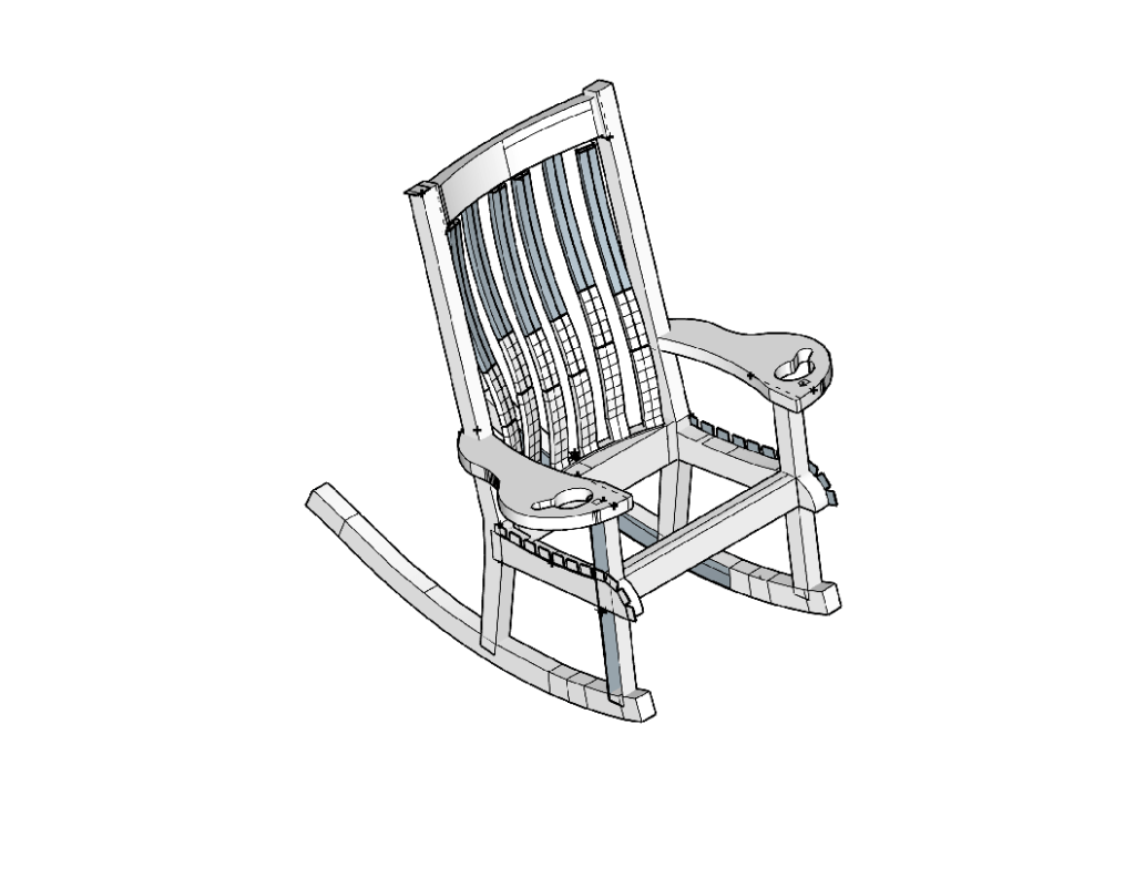 Custom rocking chair engineering drawing - 3D isometric view